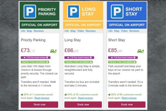 comparing 7 days Aberdeen airport parking charges for all parking space